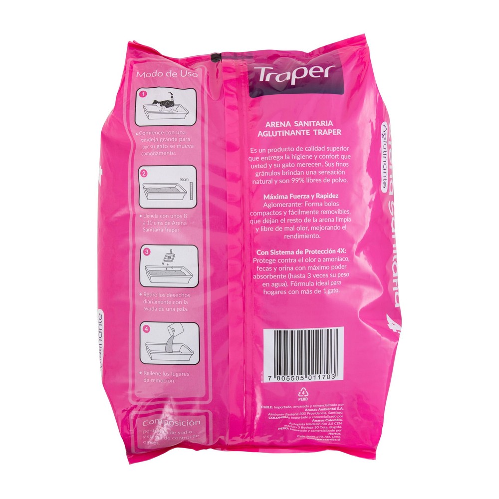 Arena Sanitaria para Gatos Aroma Talco de Bebé Traper 4 kg (etiqueta)