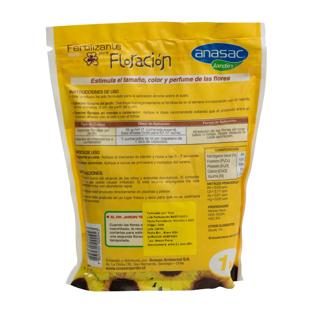 Fertilizante para Floración Anasac 1 kg (etiqueta)