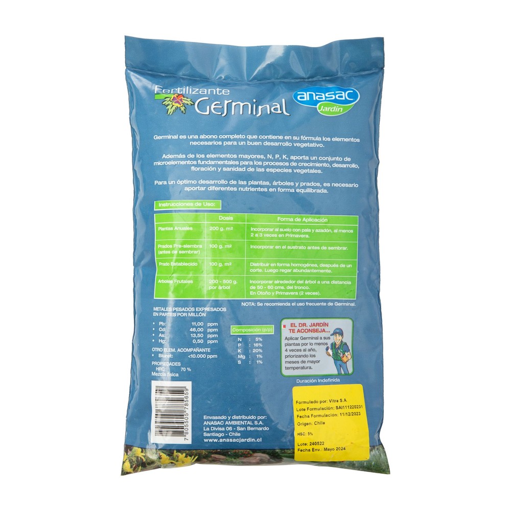 Fertilizante Germinal Abono Completo Anasac 1 kg (etiqueta)