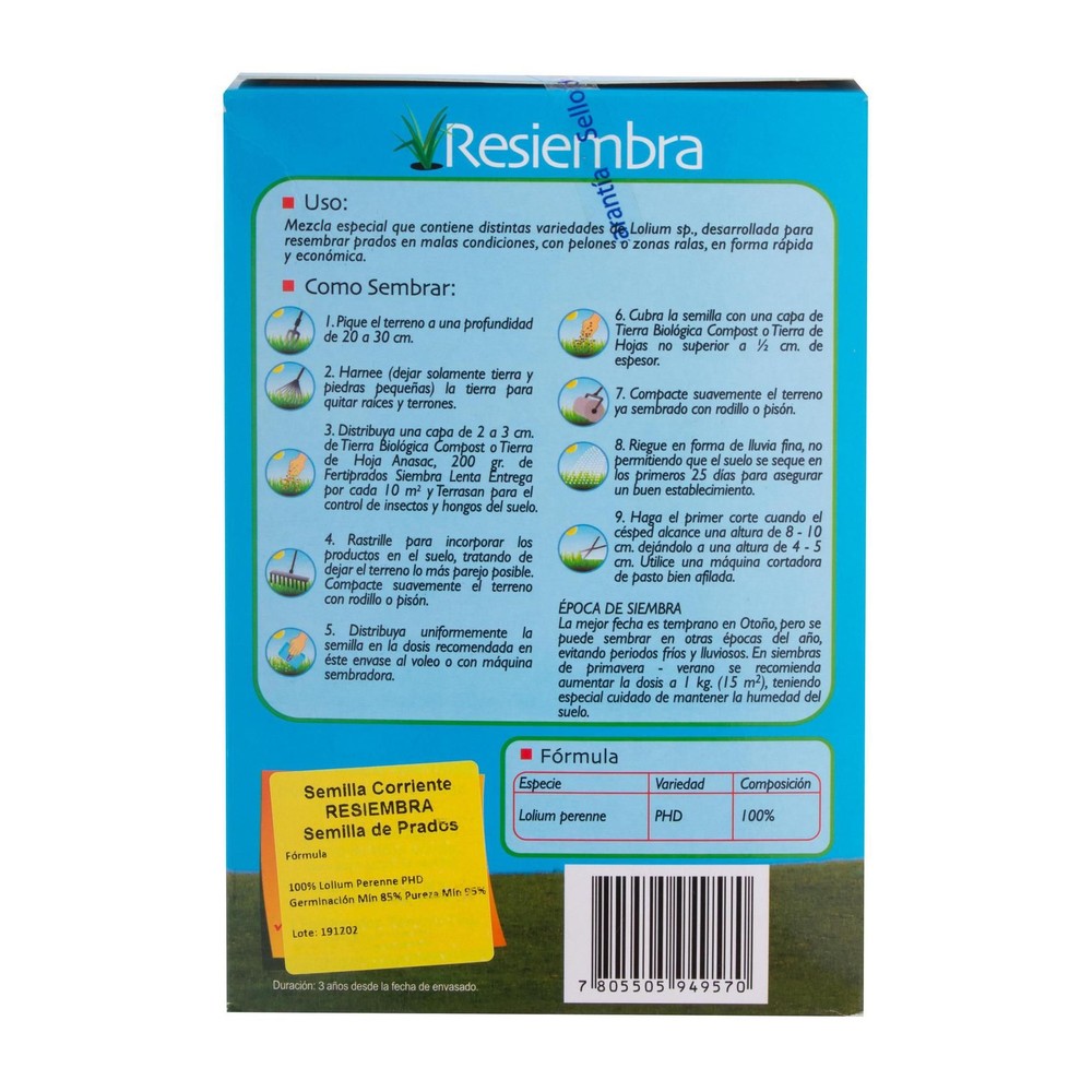 Semillas de Pasto Mezcla Resiembra Anasac 500 g (etiqueta)