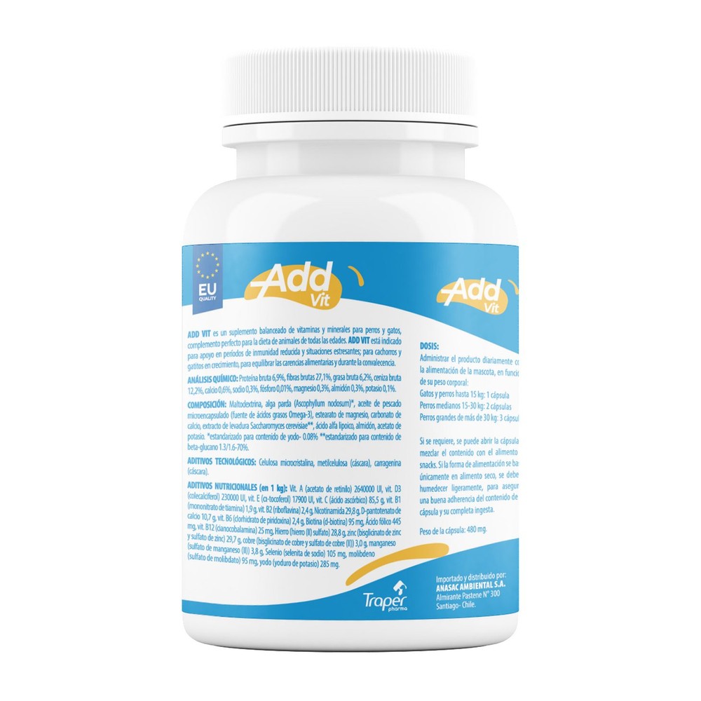 Multivitamínico para Mascotas Add Vit Active Traper Pharma 30 Cápsulas (etiqueta)