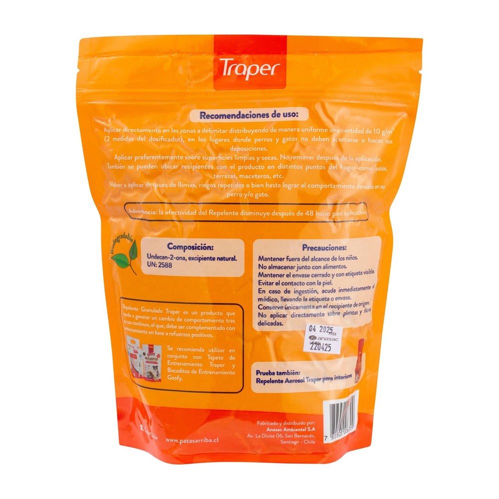 Repelente Granulado de Perros y Gatos para Exteriores Traper 600 g (etiqueta)