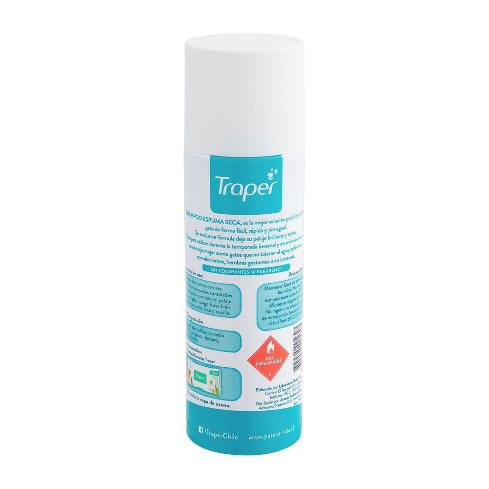 Shampoo en Espuma Seca para Gatos Traper 170 ml (etiqueta)