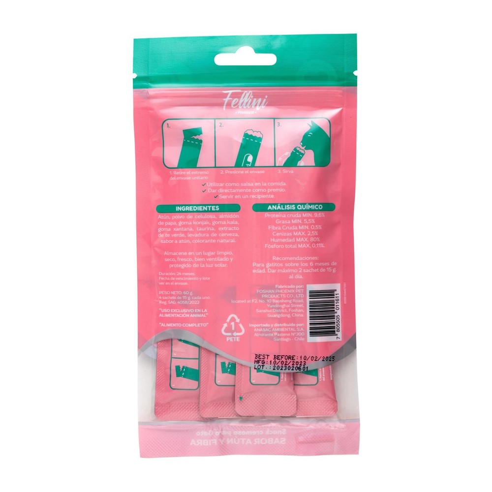 Snack Cremoso para Gatos Creamy Atún y Fibra Fellini 60 g (etiqueta)