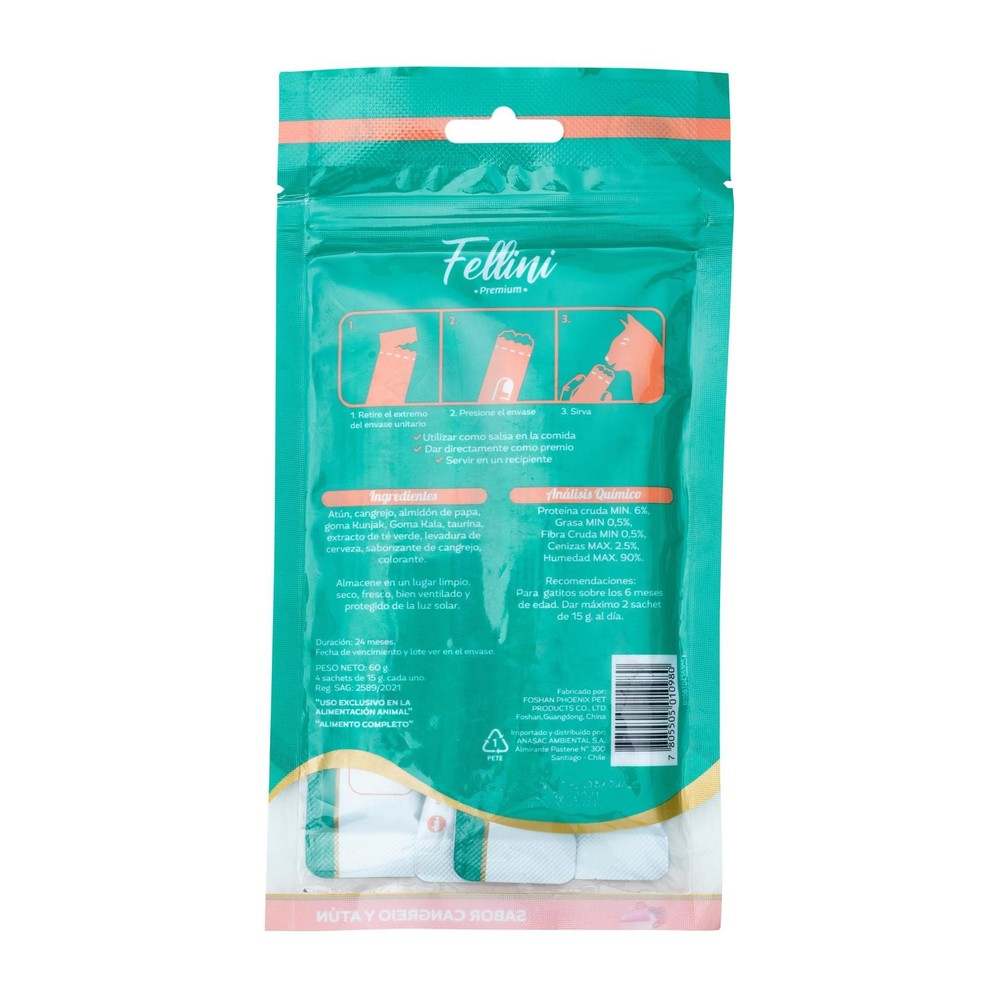 Snack Cremoso para Gatos Creamy Cangrejo y Atún Fellini 60 g (etiqueta)
