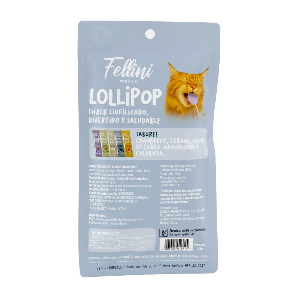 Snack para Gatos Lollipop Arándano Fellini 3 Unidades (etiqueta)
