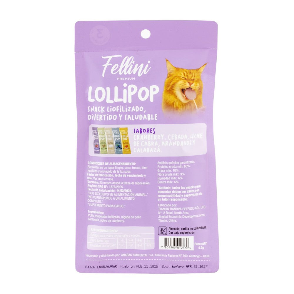 Snack para Gatos Lollipop Cranberry Fellini 3 Unidades (etiqueta)
