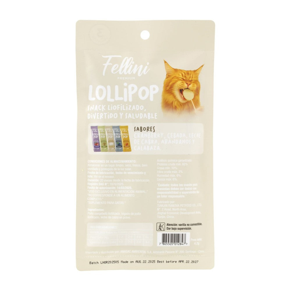 Snack para Gatos Lollipop Leche Fellini 3 Unidades (etiqueta)