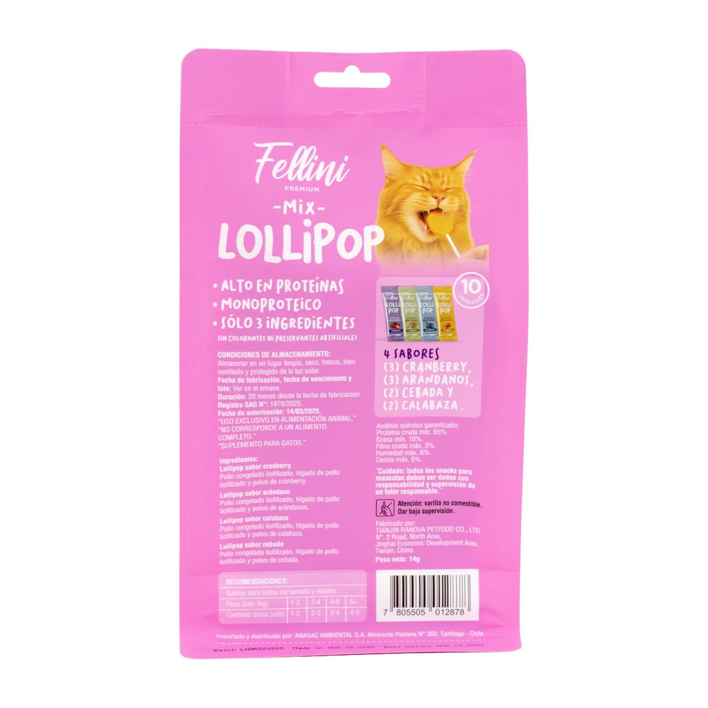 Snack para Gatos Lollipop Mix Fellini 10 Unidades (etiqueta)